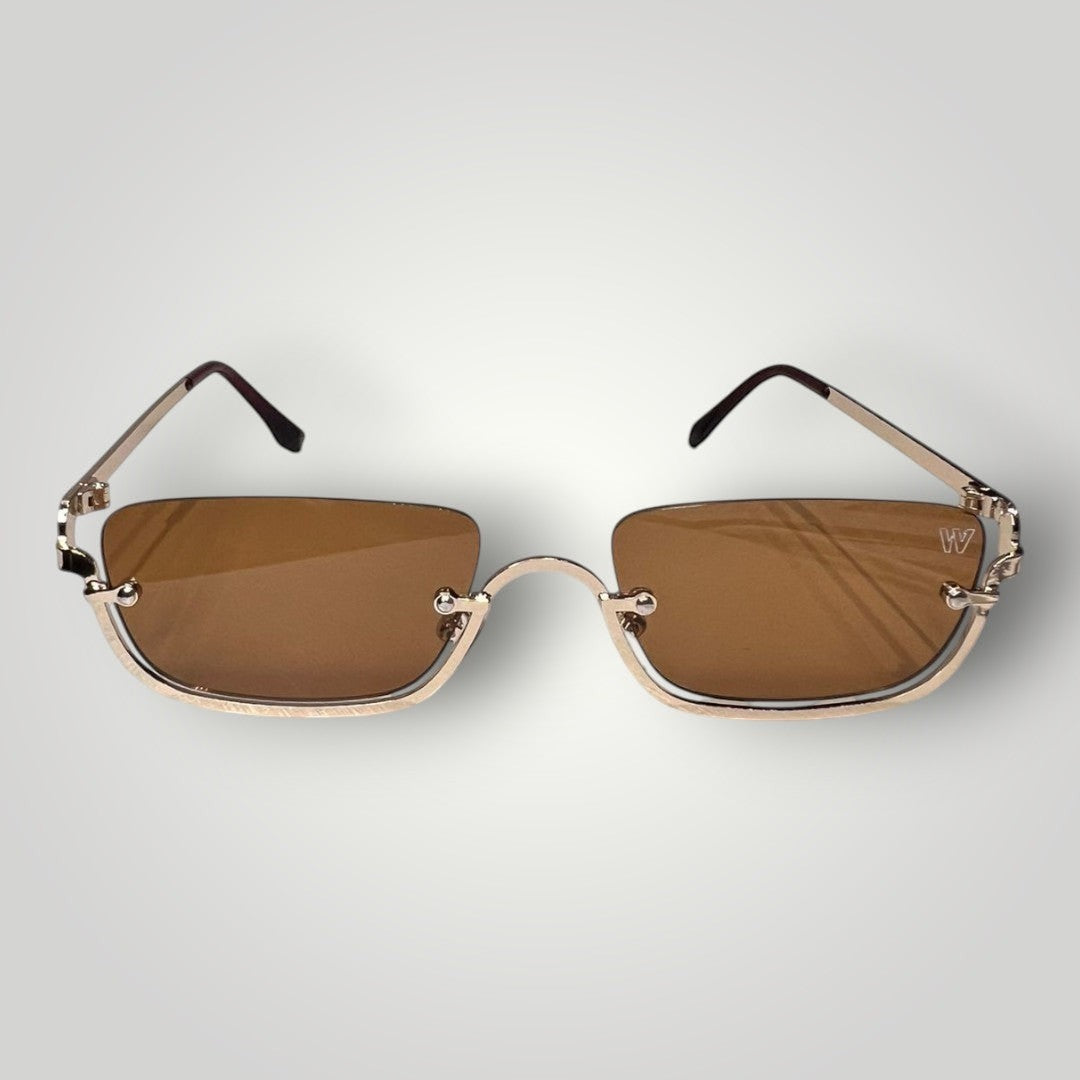 W One Brand Store gold metal rectangular fashionista sunglasses with brown lenses and UV400 protection.