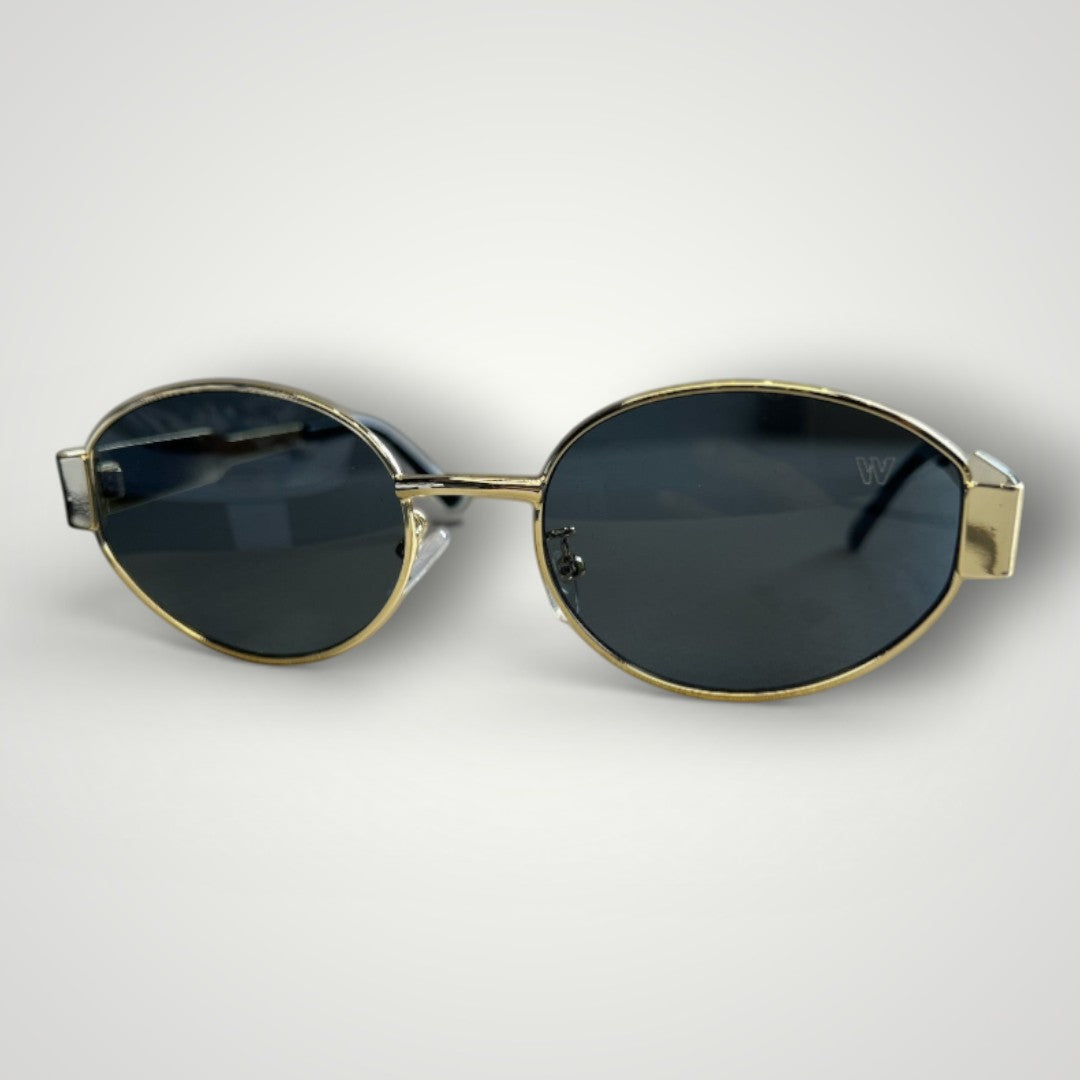 W One Brand Store gold metal round sunglasses with dark grey lenses and UV400 protection.