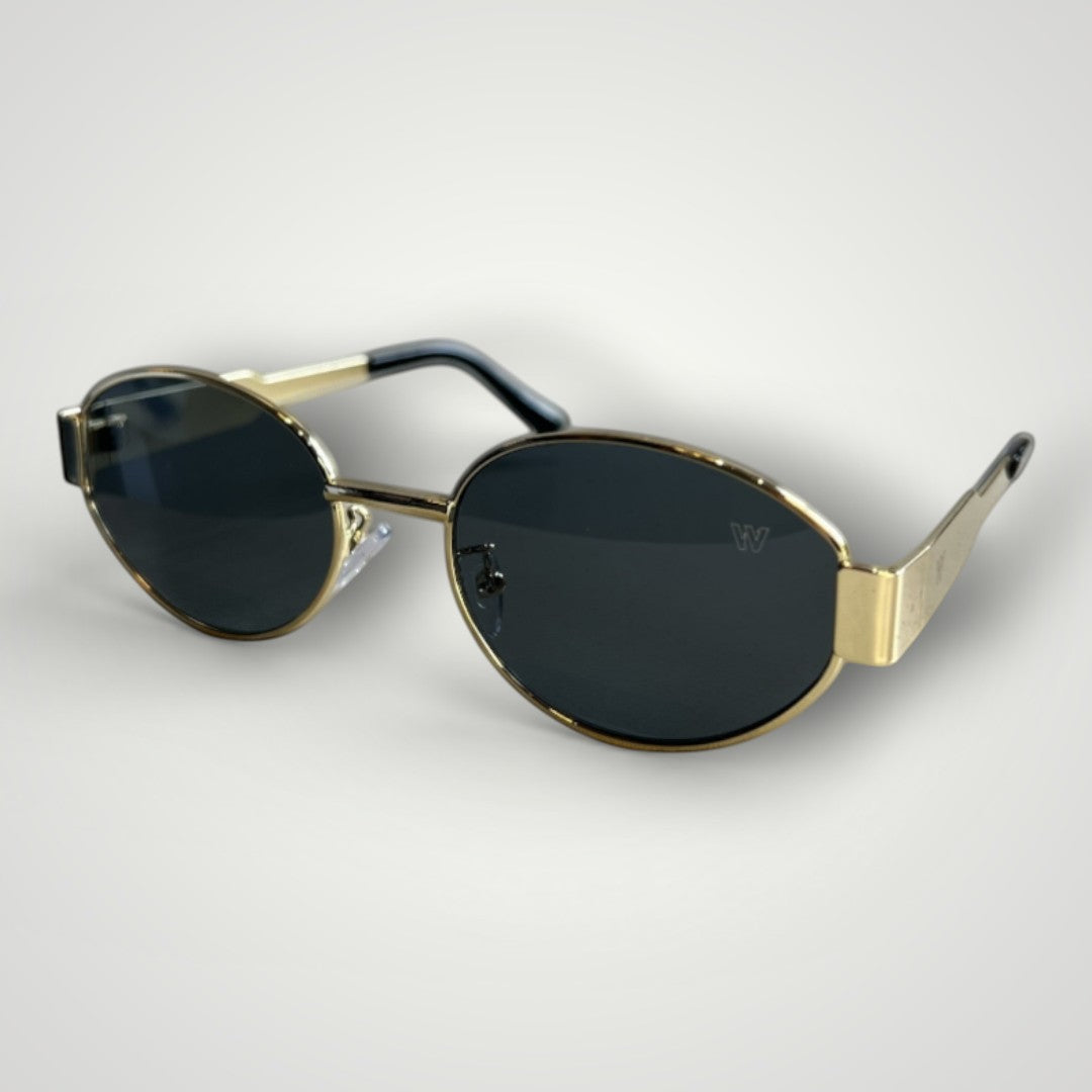 W One Brand Store gold metal round sunglasses with dark grey lenses and UV400 protection.