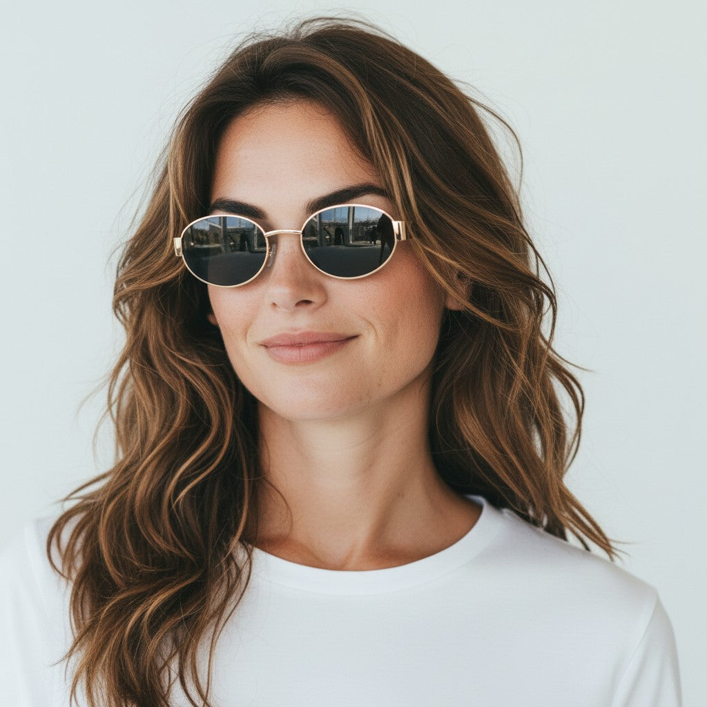 W One Brand Store gold metal round sunglasses with dark grey lenses and UV400 protection.
