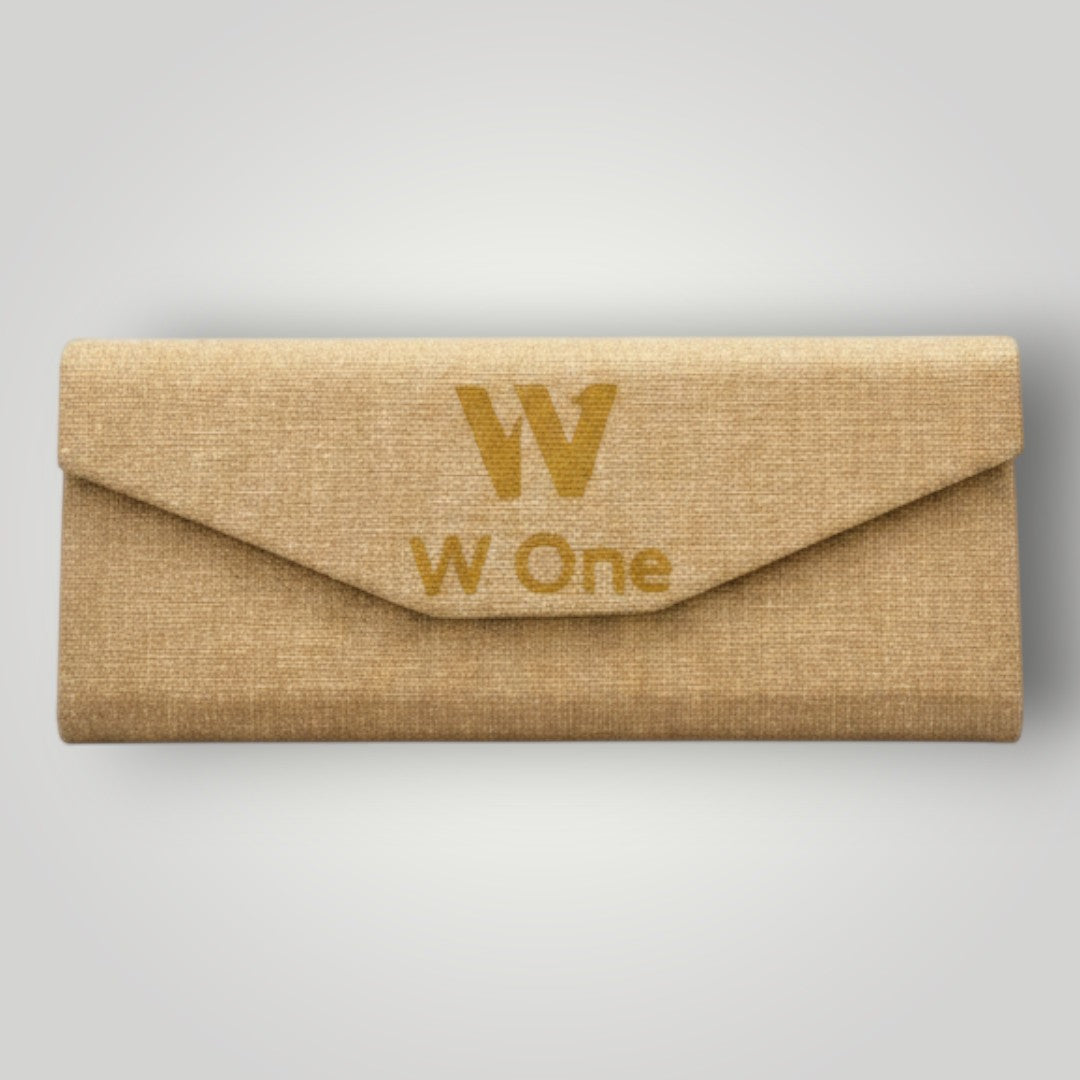 W One Brand Store gold textured glasses case with embossed logo.