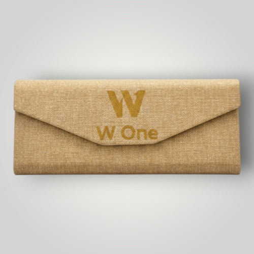 W One Brand Store gold textured glasses case with embossed logo.