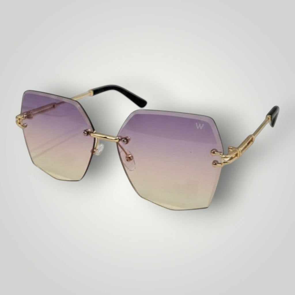 W One Brand Store rimless hexagonal sunglasses with gradient rose and yellow lenses and gold metal frame.