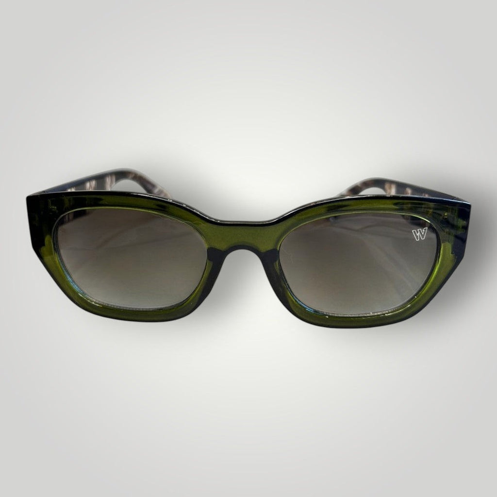 W One Brand Store green acetate cat-eye sunglasses with striped temples and gradient green lenses.