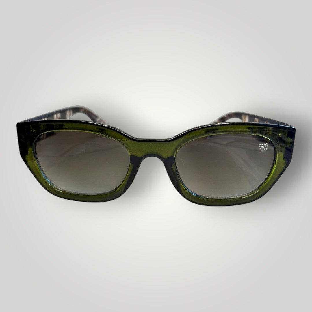 W One Brand Store green acetate cat-eye sunglasses with striped temples and gradient green lenses.