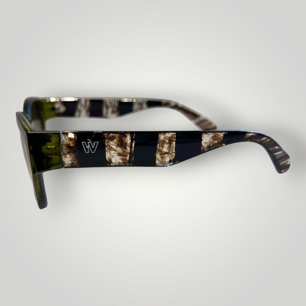 W One Brand Store green acetate cat-eye sunglasses with striped temples and green lenses, featuring UV400 protection.
