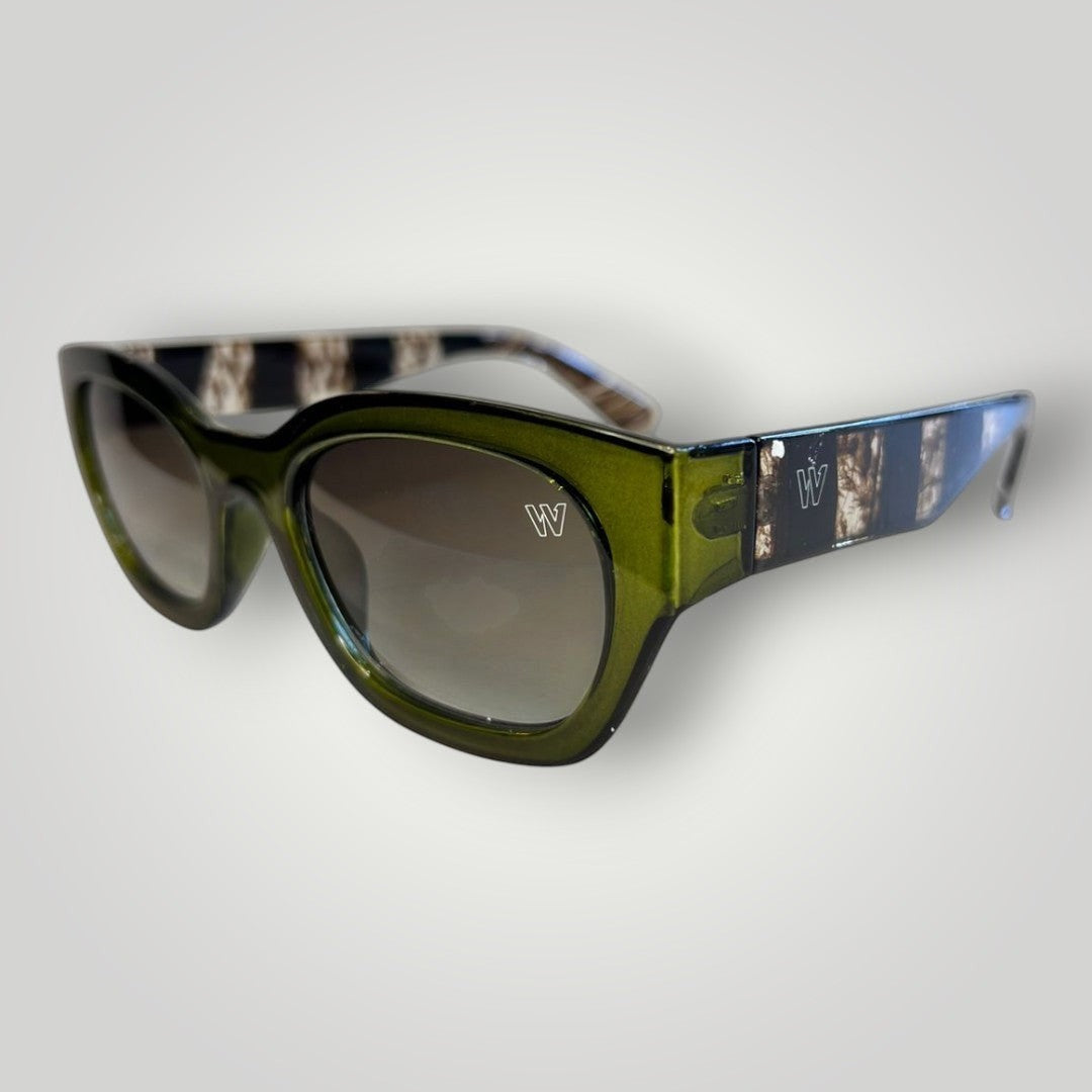 W One Brand Store green acetate cat-eye sunglasses with striped temples and brown gradient lenses.