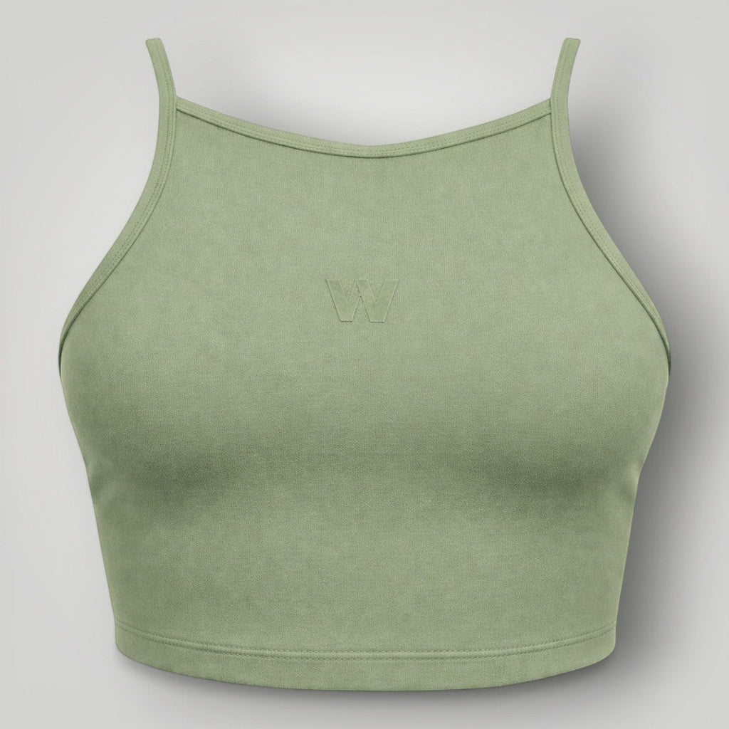 W One Brand Store green malva high-neck fitness crop top with adjustable straps and subtle 'W' logo detail.