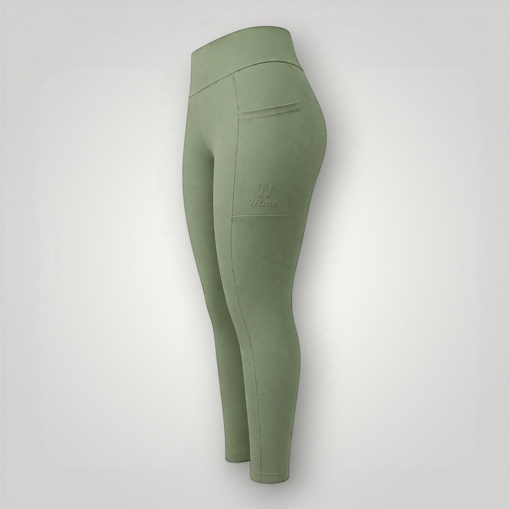 W One Brand Store green malva polyamide leggings with side pocket and subtle embossed logo, ideal for fitness.