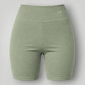 W One Brand Store green polyamide shorts with wide waistband and subtle logo detail, ideal for fitness.