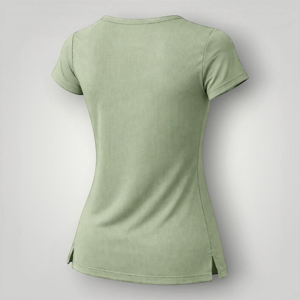 W One Brand Store women's light green polyamide t-shirt with short sleeves and side slits, ideal for fitness.