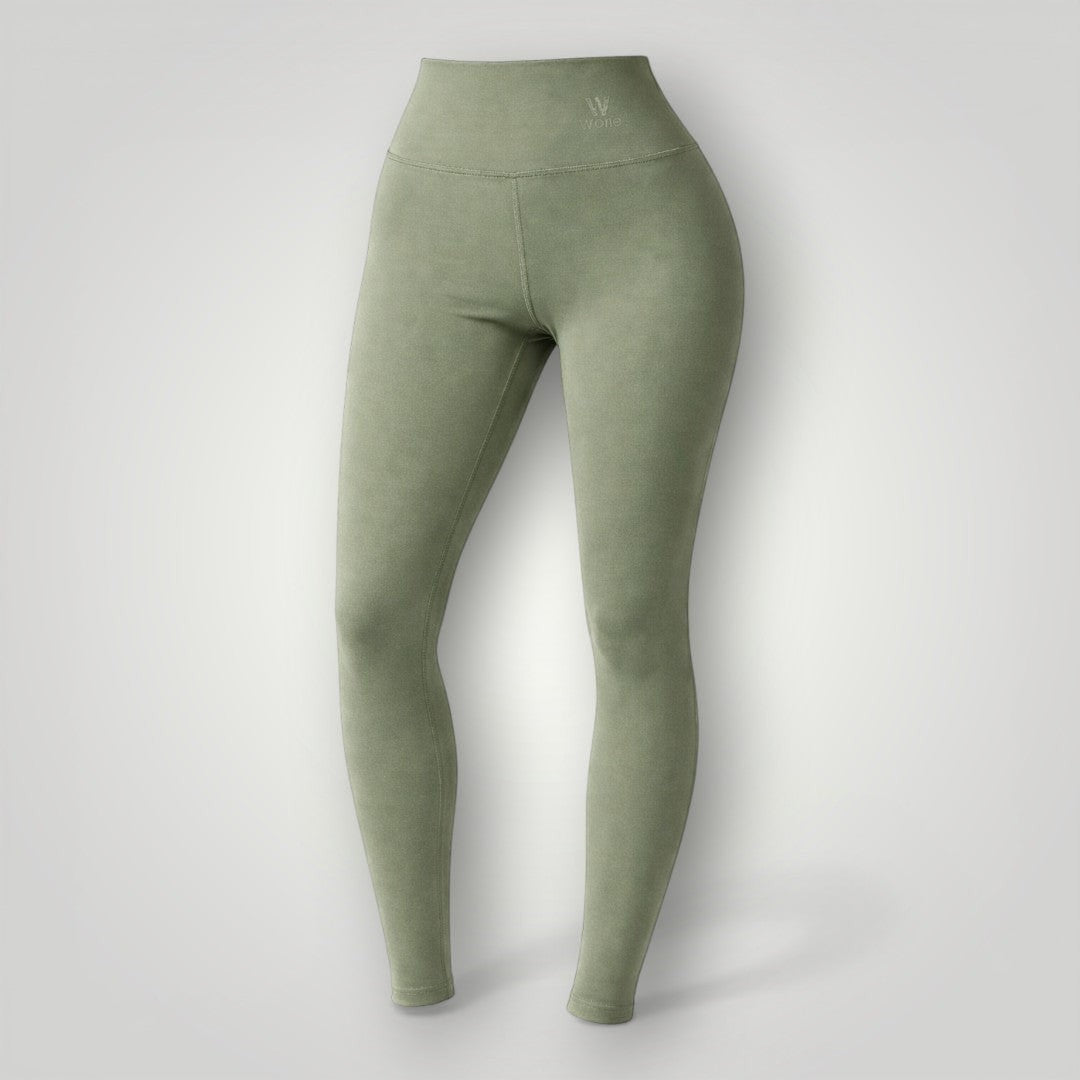W One Brand Store basic green polyamide leggings with a subtle logo detail on the waistband, designed for fitness and everyday wear.