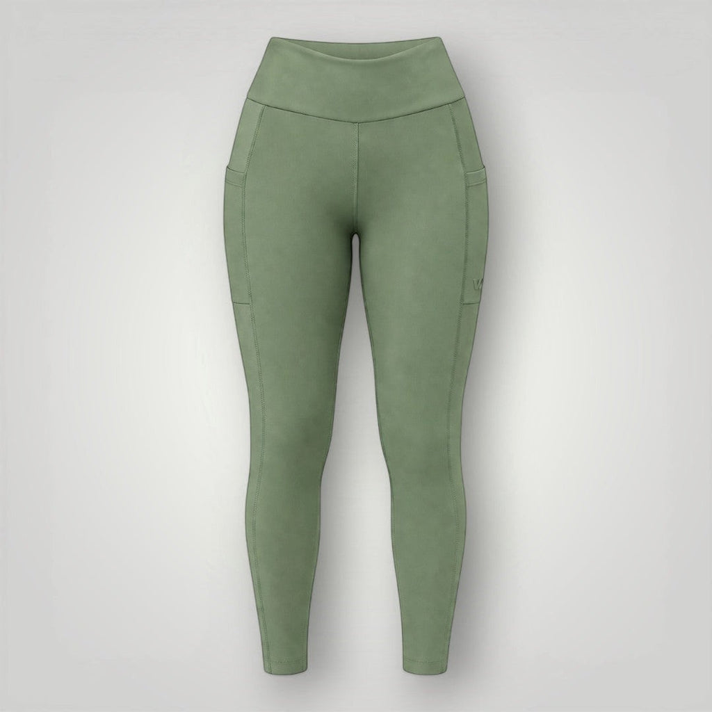 W One Brand Store green polyamide leggings with side pockets and V-shaped waistband, ideal for fitness.
