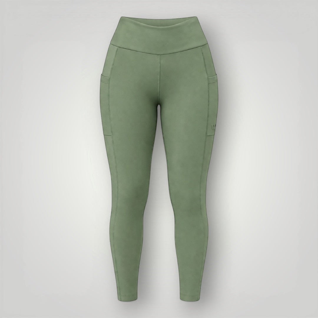 W One Brand Store green polyamide leggings with side pockets and V-shaped waistband, ideal for fitness.