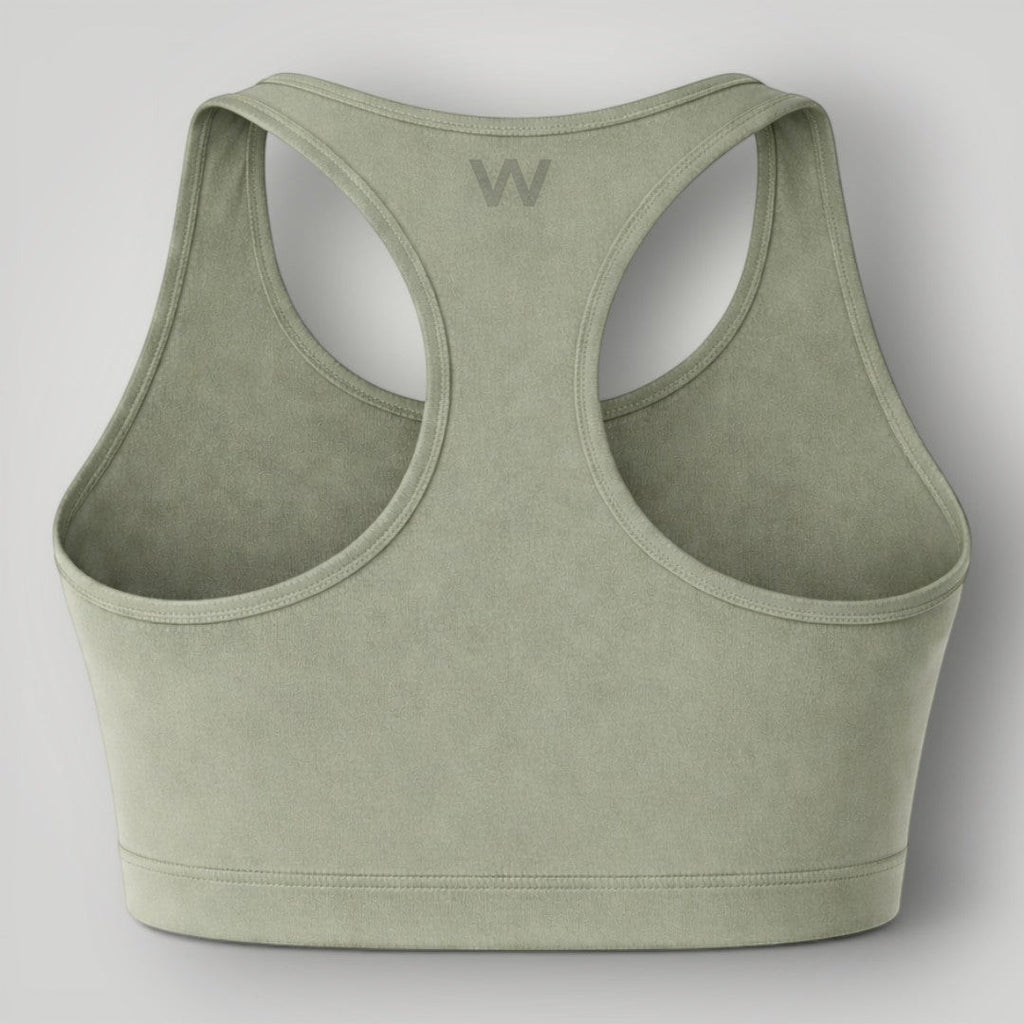 W One Brand Store green malva polyamide racerback fitness top with subtle W logo on back.