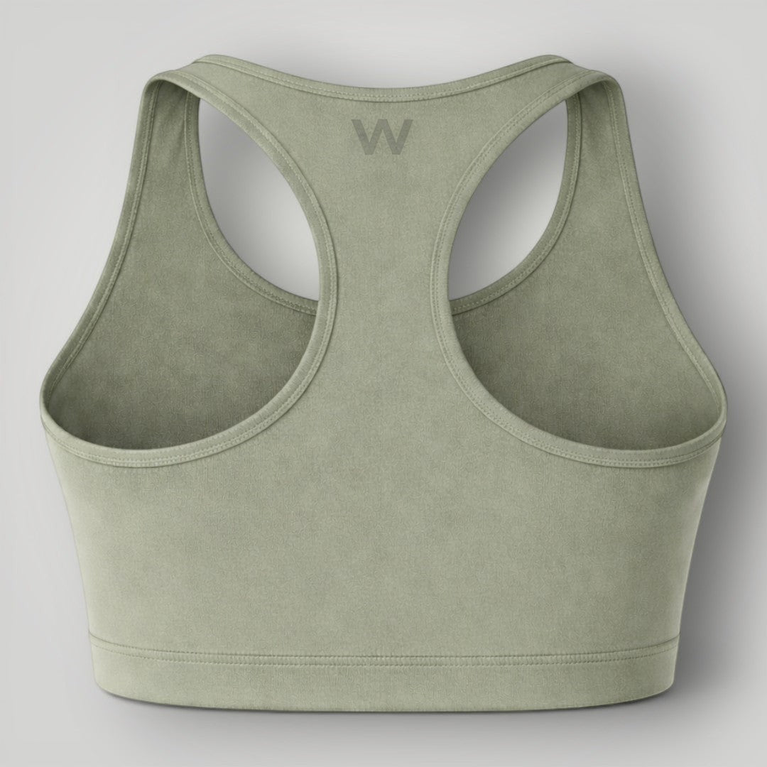 W One Brand Store green malva polyamide racerback fitness top with subtle W logo on back.