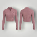 Jaqueta W One Brand Store cropped cor cacau em poliamida com zíper e proteção UV, vista frontal e traseira