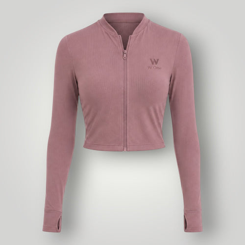 Jaqueta W One Brand Store cropped cor cacau em poliamida com zíper, manga longa e proteção UV para treinos.