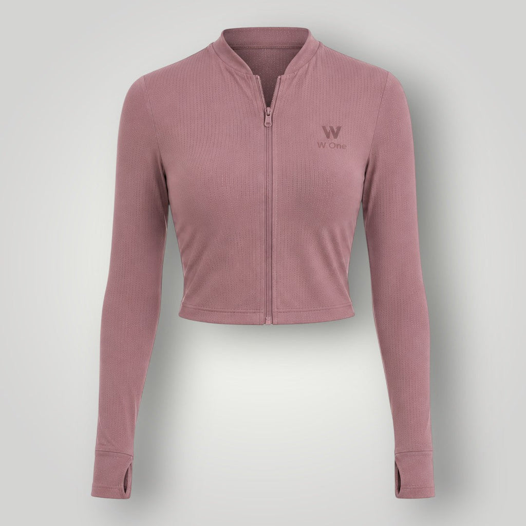 Jaqueta cropped W One Brand Store cor cacau em tecido dry fit com zíper frontal e proteção solar FPU 50+
