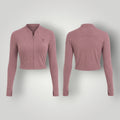Jaqueta cropped W One Brand Store cor cacau em tecido dry fit com zíper frontal e mangas longas com abertura para polegar