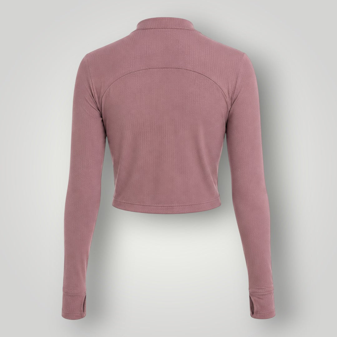 Jaqueta cropped W One Brand Store cor cacau em tecido dry fit com mangas longas e ajuste confortável