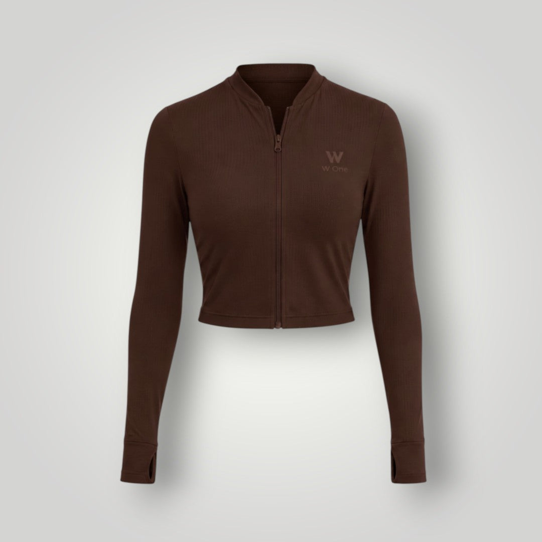 Jaqueta cropped W One Brand Store marrom em tecido Dry Fit com zíper frontal e design esportivo respirável