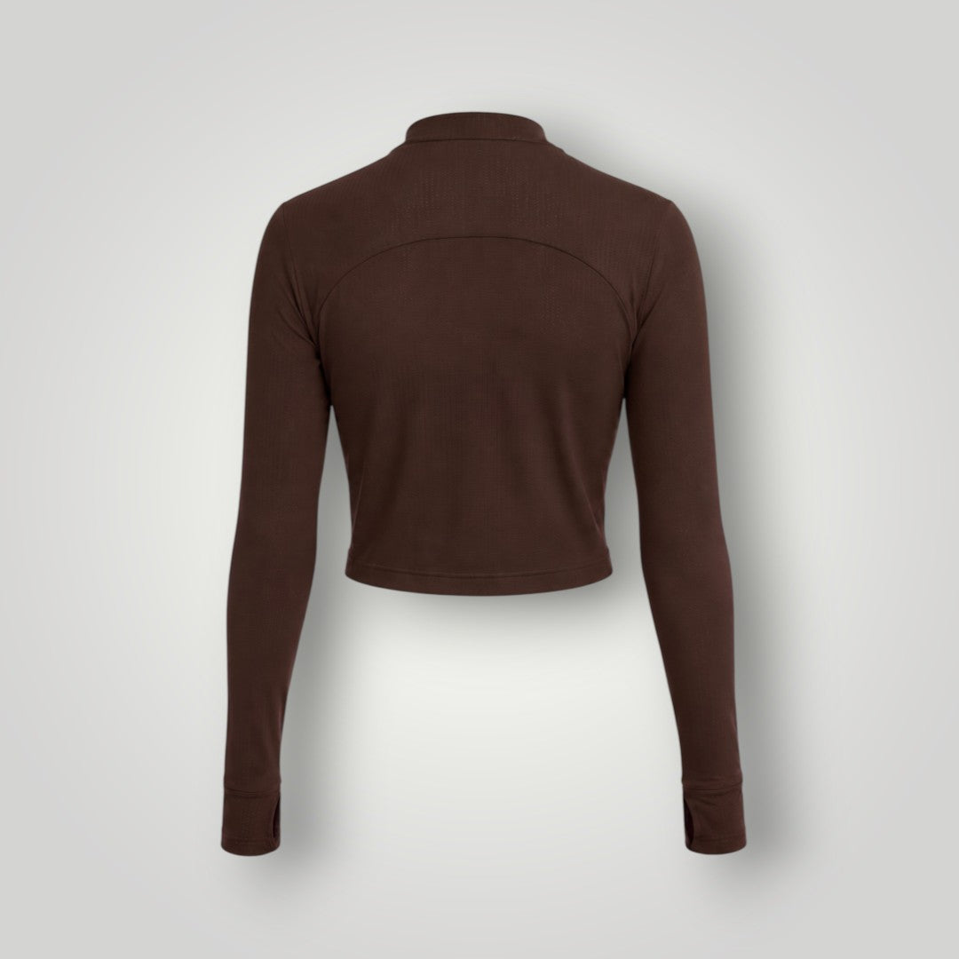 Jaqueta cropped W One Brand Store marrom em tecido Dry Fit com mangas longas e modelagem esportiva vista de costas