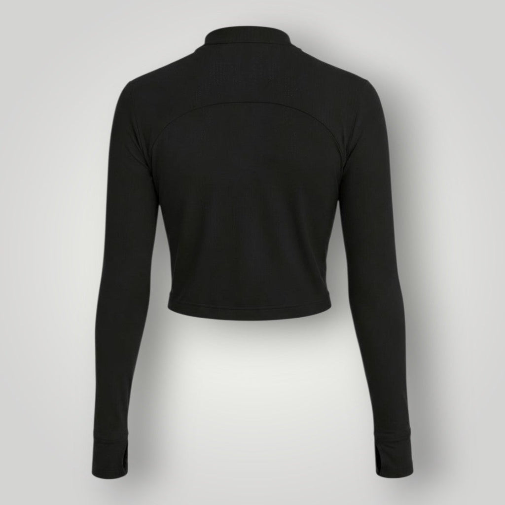 Jaqueta cropped preta W One Brand Store em tecido dry fit com mangas longas, vista traseira.