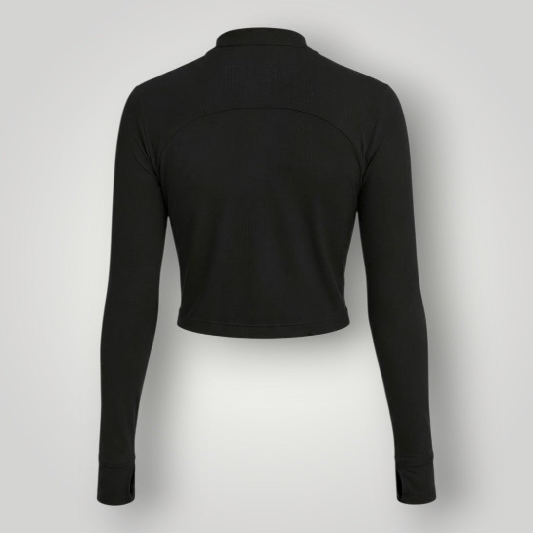 Jaqueta cropped preta W One Brand Store em tecido dry fit com mangas longas, vista traseira.
