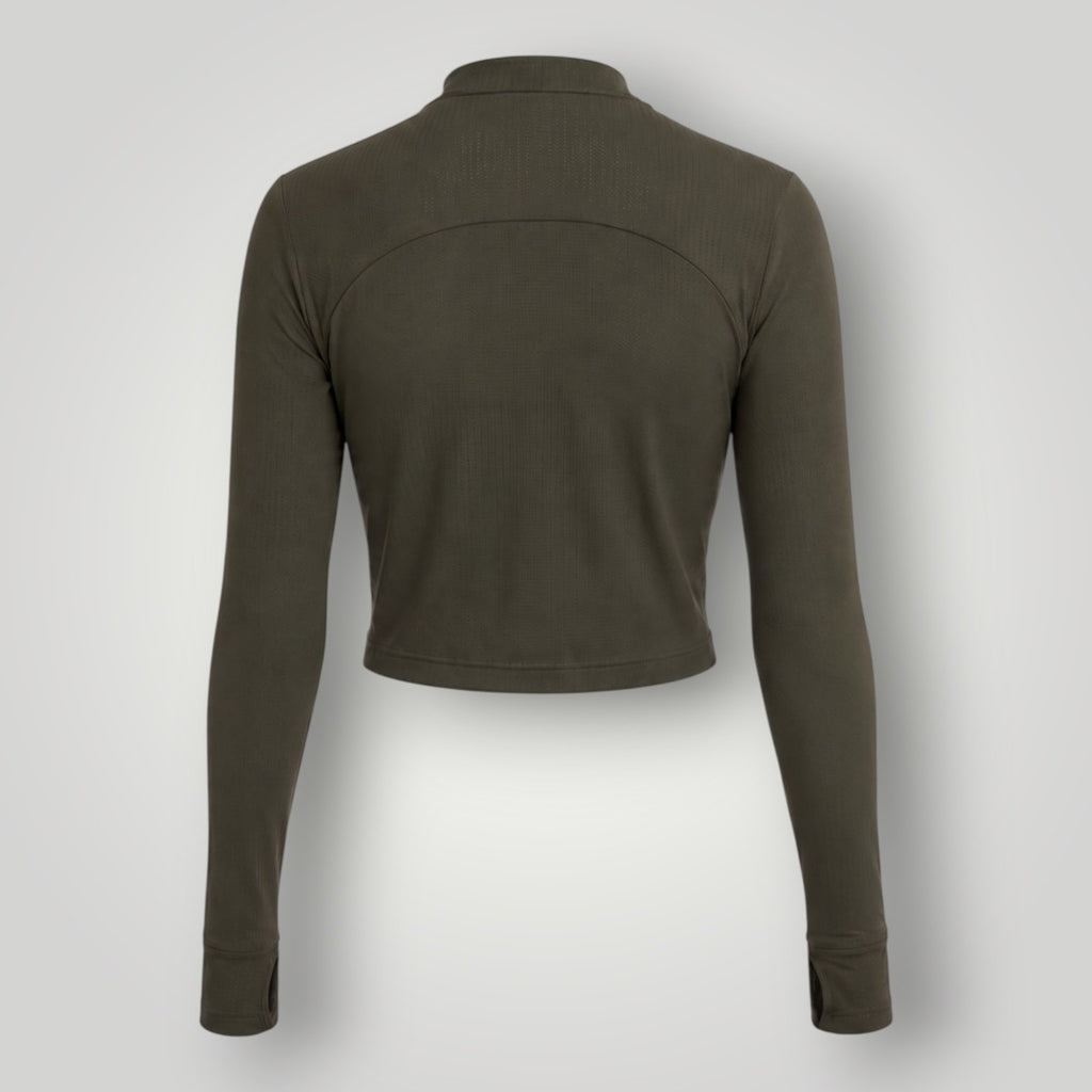 Jaqueta cropped W One Brand Store verde militar em tecido dry fit com mangas longas e modelagem esportiva
