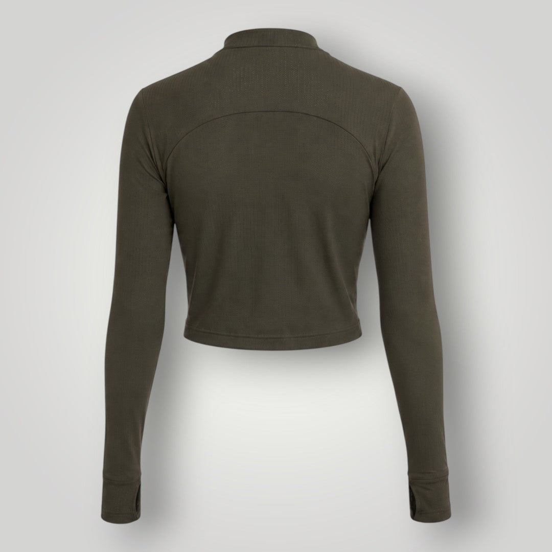 Jaqueta cropped W One Brand Store verde militar em tecido dry fit com mangas longas e modelagem esportiva