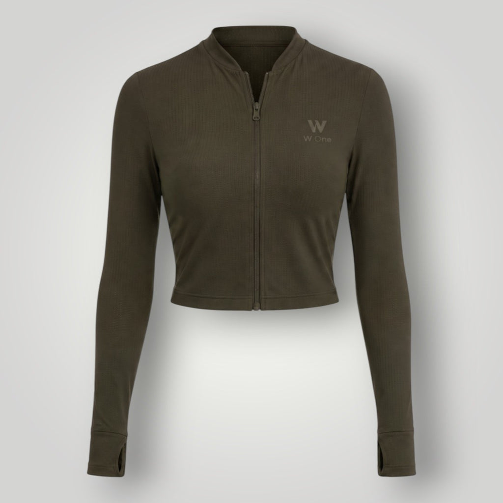 Jaqueta cropped W One Brand Store verde militar em tecido dry fit com zíper frontal e mangas longas com abertura