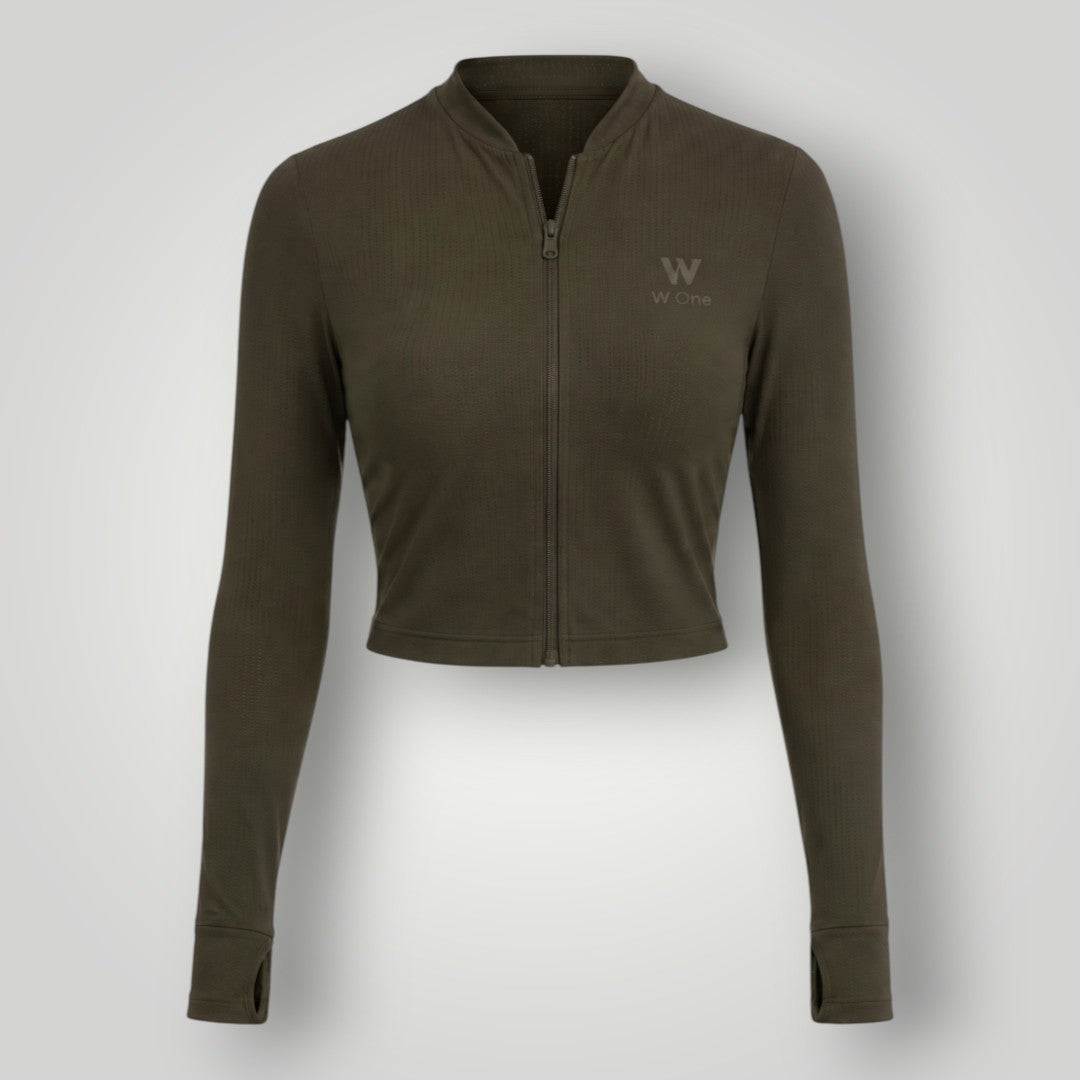 Jaqueta cropped W One Brand Store verde militar em tecido dry fit com zíper frontal e mangas longas com abertura