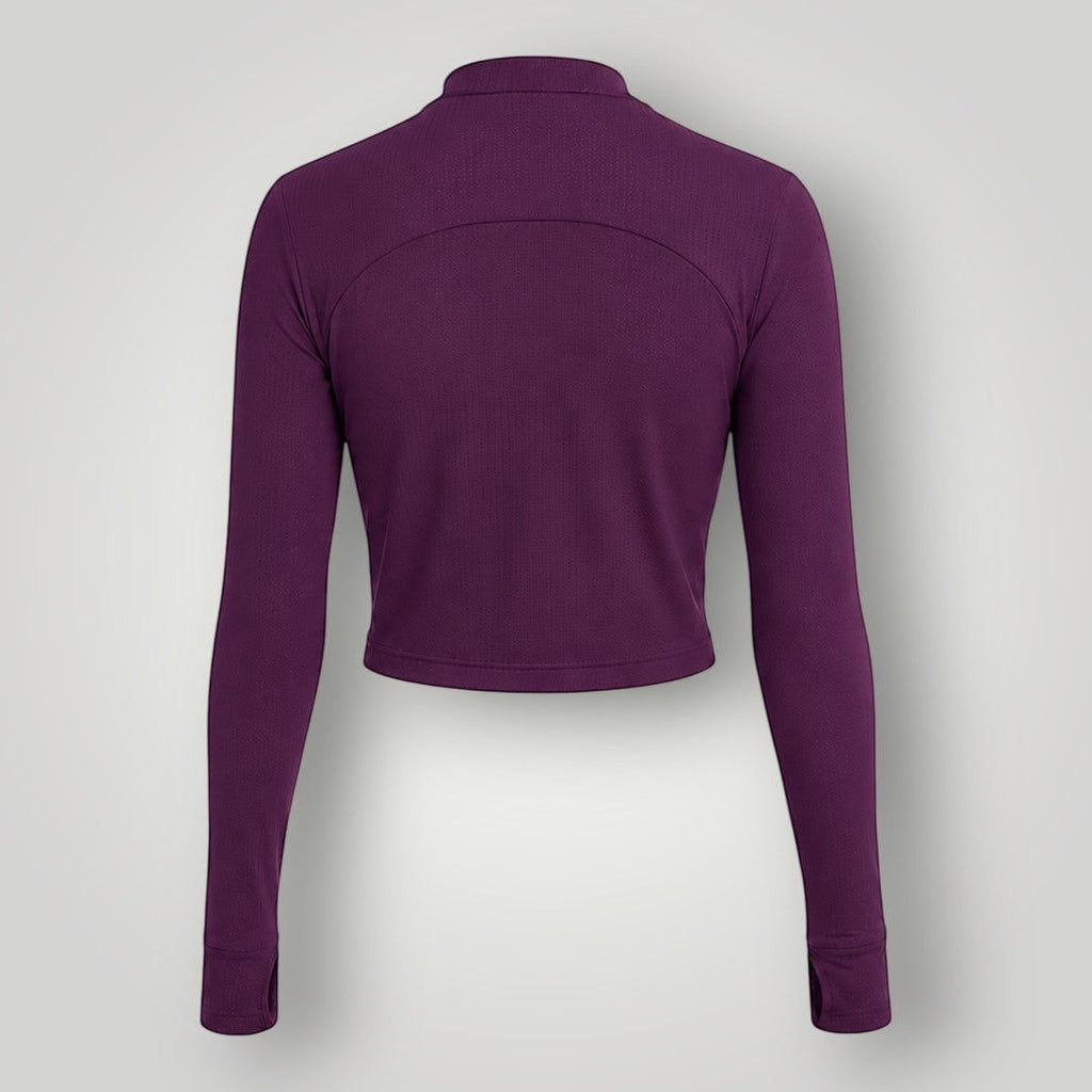 Jaqueta cropped W One Brand Store na cor vinho, modelo dry fit com mangas longas e tecido respirável, vista traseira.