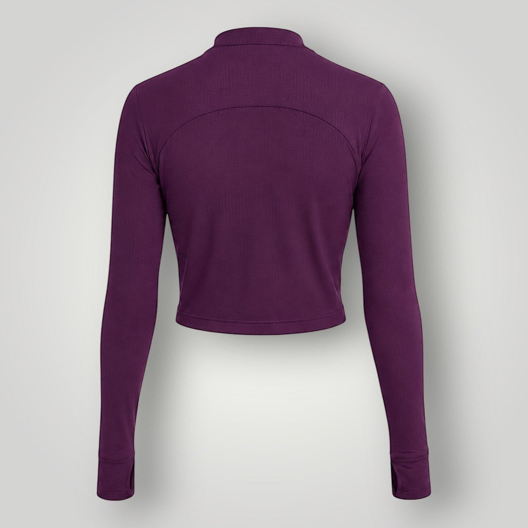 Jaqueta cropped W One Brand Store na cor vinho, modelo dry fit com mangas longas e tecido respirável, vista traseira.