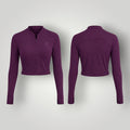 Jaqueta cropped W One Brand Store na cor vinho, modelo dry fit com zíper frontal, mangas longas e tecido respirável.