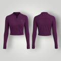 Jaqueta W One Brand Store cropped fitness cor wine em poliamida com zíper e proteção UV, vista frontal e traseira.