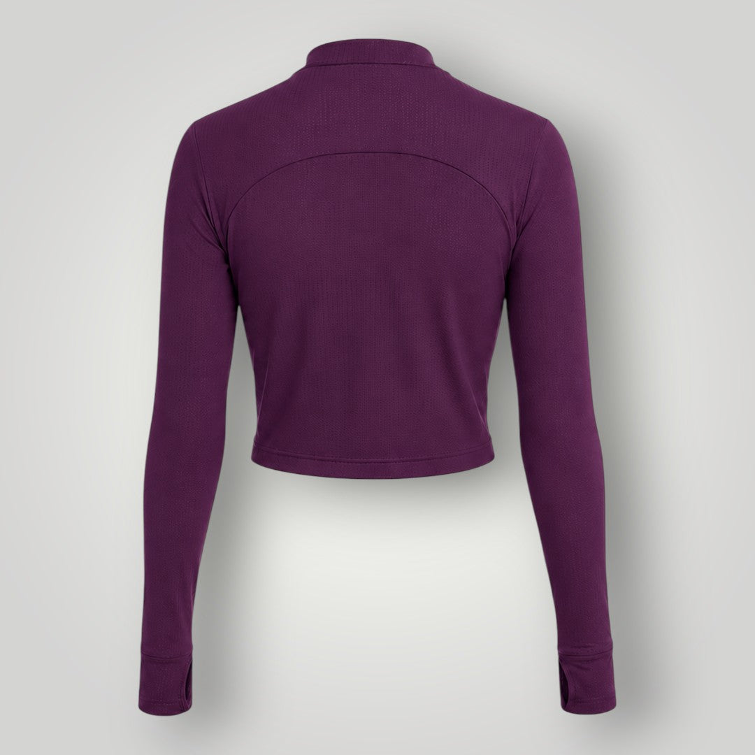 Jaqueta W One Brand Store cropped fitness wine em poliamida com mangas longas e detalhe de abertura para polegar