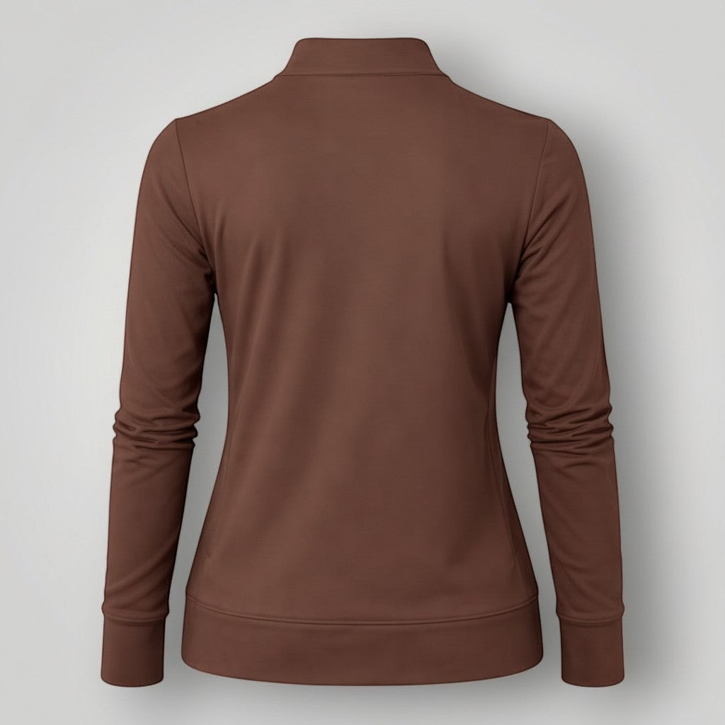 Jaqueta W One Brand Store fitness cor coffee em poliamida com modelagem slim e proteção UV, vista das costas