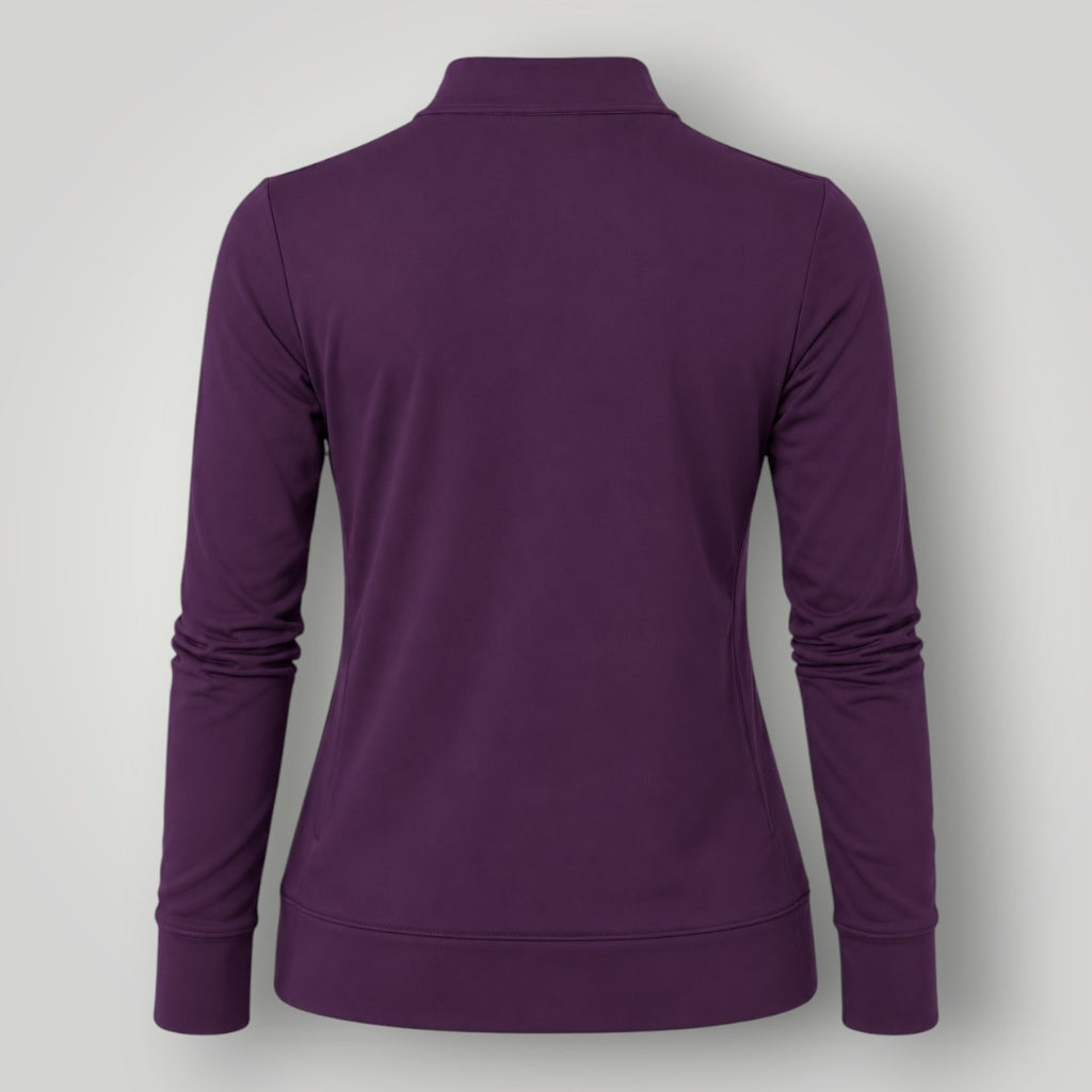 Jaqueta W One Brand Store fitness wine em poliamida com gola alta e mangas longas com encaixe para os dedos, vista traseira