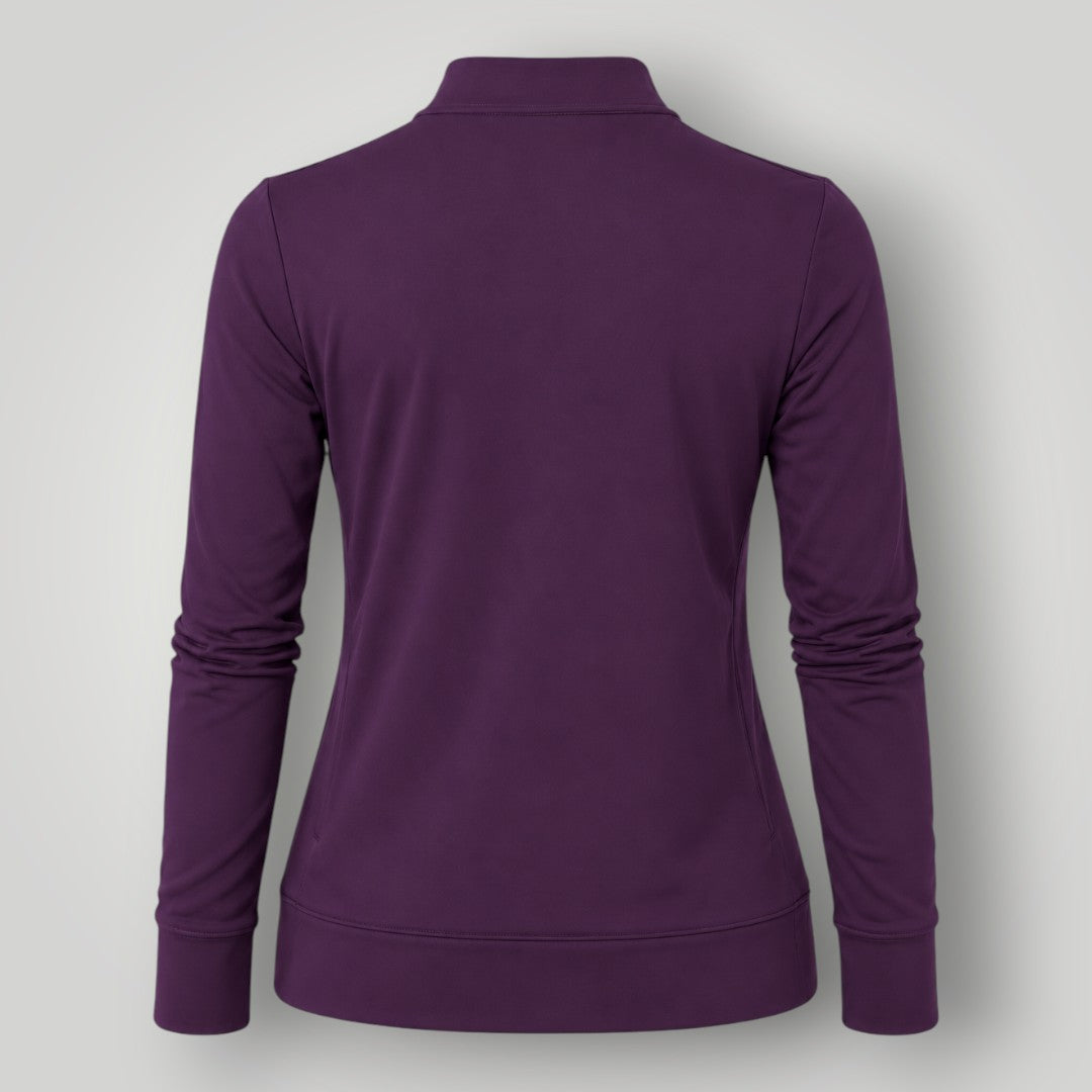 Jaqueta W One Brand Store fitness wine em poliamida com gola alta e mangas longas com encaixe para os dedos, vista traseira