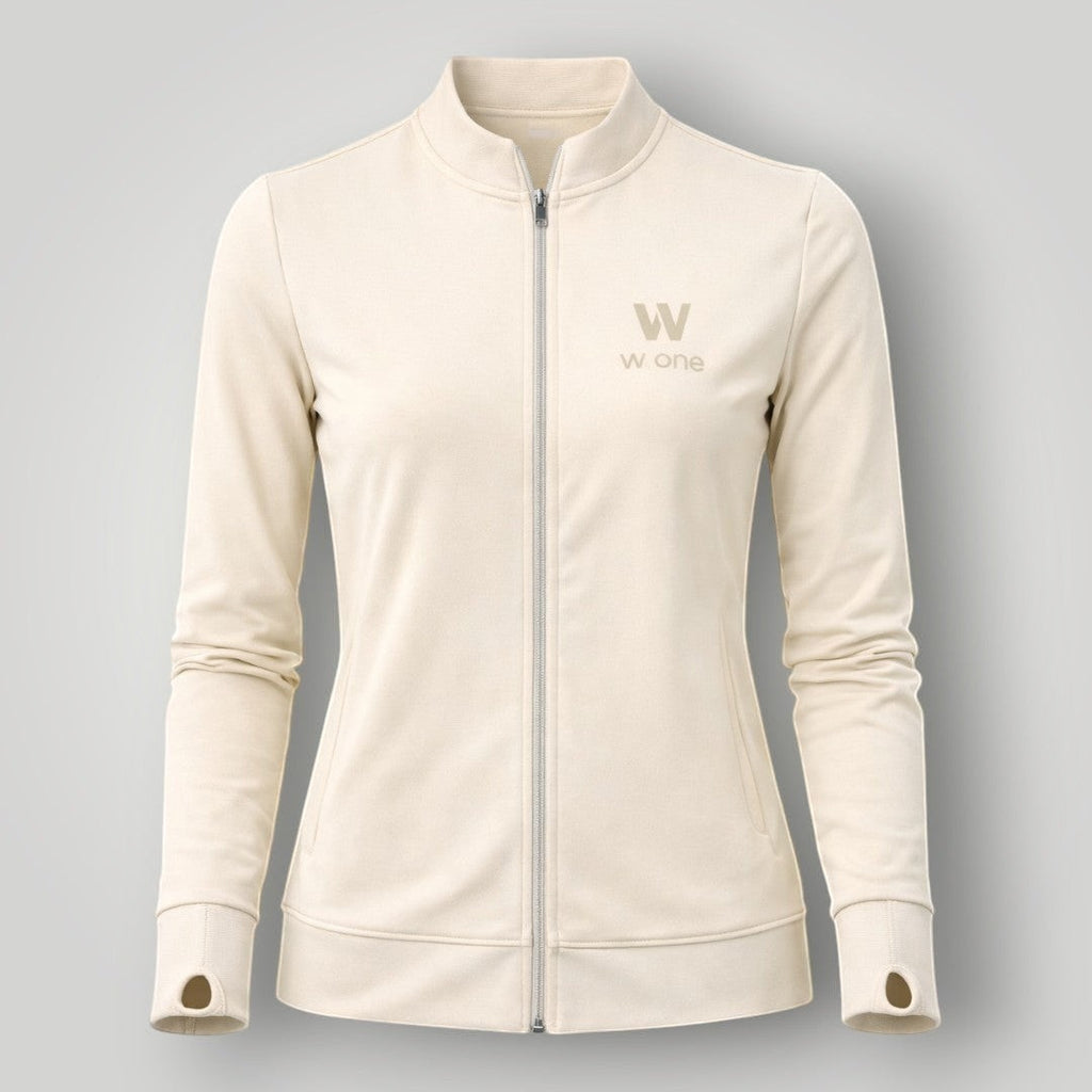 Jaqueta W One Brand Store off white de poliamida com zíper, modelagem slim e abertura para polegar nas mangas