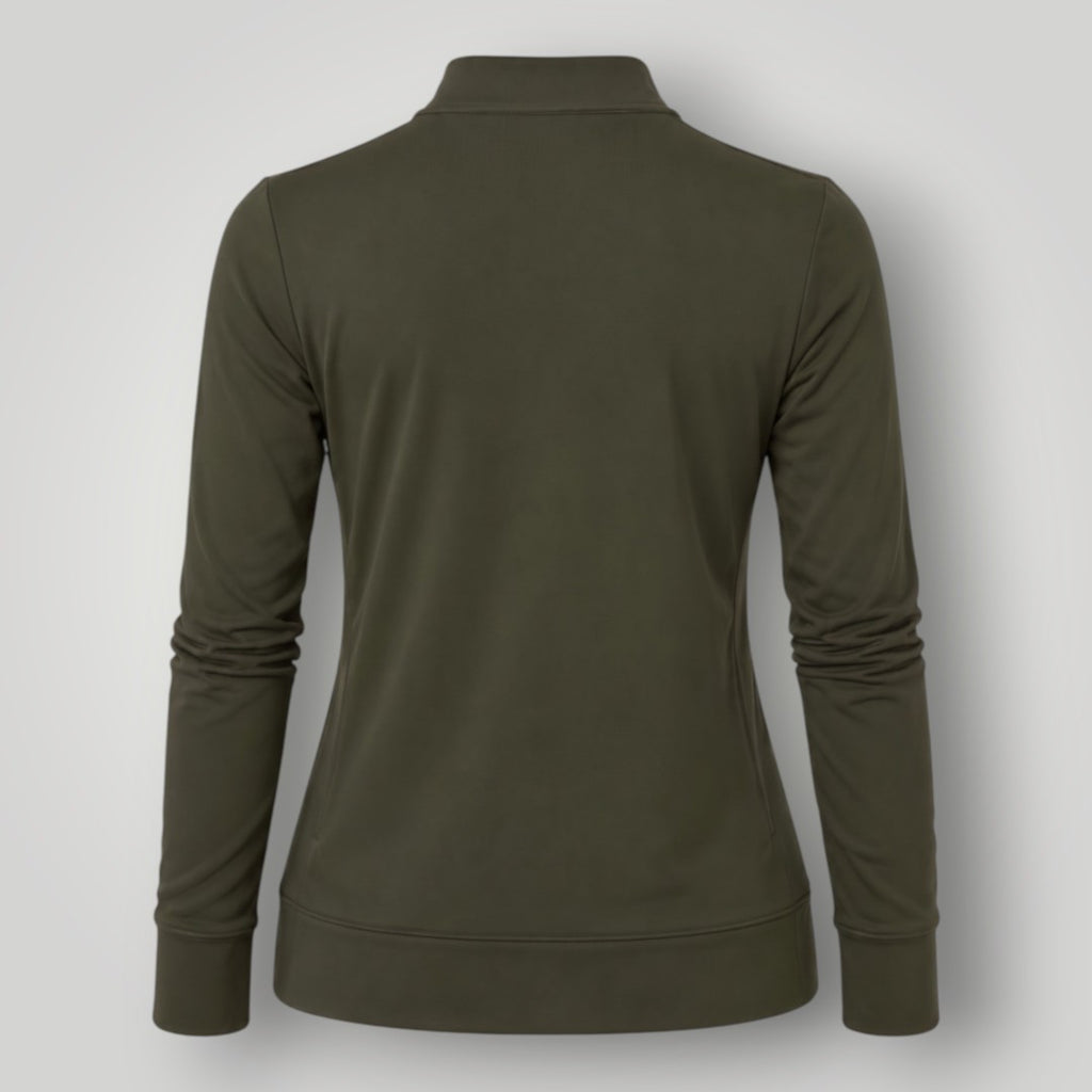Vista traseira da jaqueta W One Brand Store Pulse na cor verde militar com modelagem esportiva ajustada ao corpo.