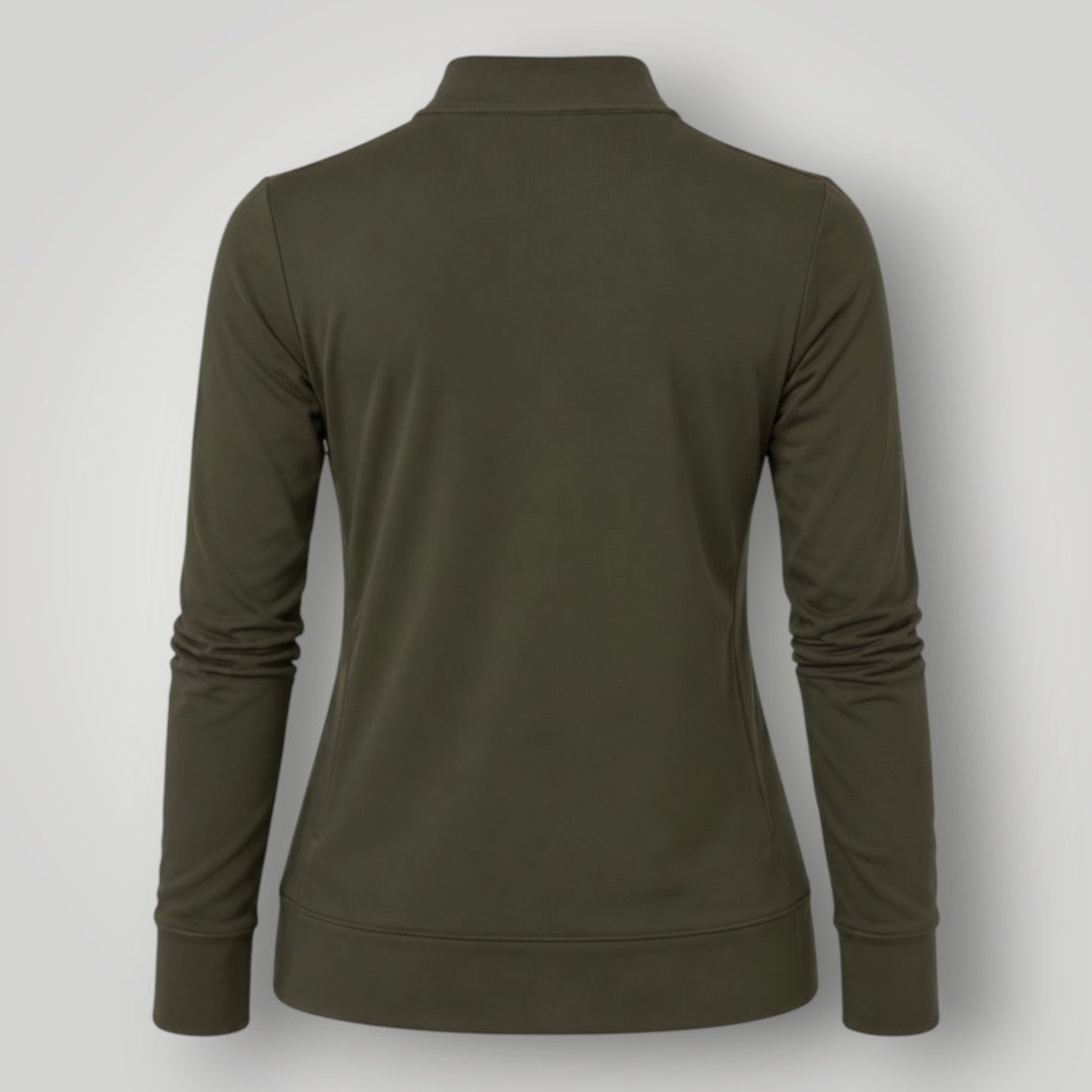 Vista traseira da jaqueta W One Brand Store Pulse na cor verde militar com modelagem esportiva ajustada ao corpo.