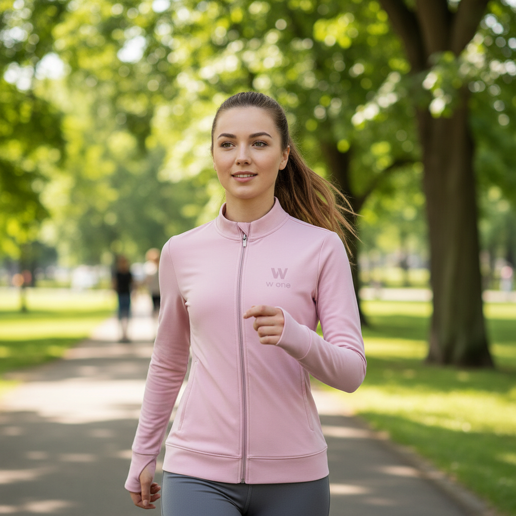 Mulher caminhando em parque usando jaqueta W One Brand Store rosa balé slim com abertura para dedos e zíper frontal