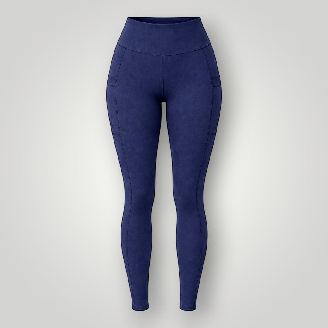 Legging W One Brand Store azul marinho com bolso lateral, tecido de média compressão e ajuste confortável ao corpo.