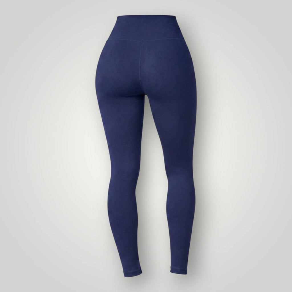 Legging Essence W One Brand Store azul marinho com cintura alta, vista traseira, ideal para treinos e uso casual.