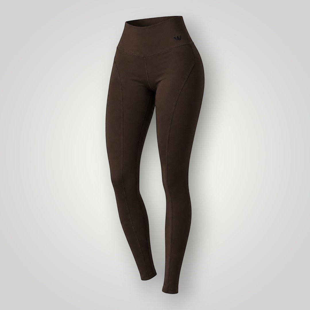 Legging W One Brand Store Flex Core na cor café com recortes modernos, tecido de alta compressão e toque macio.