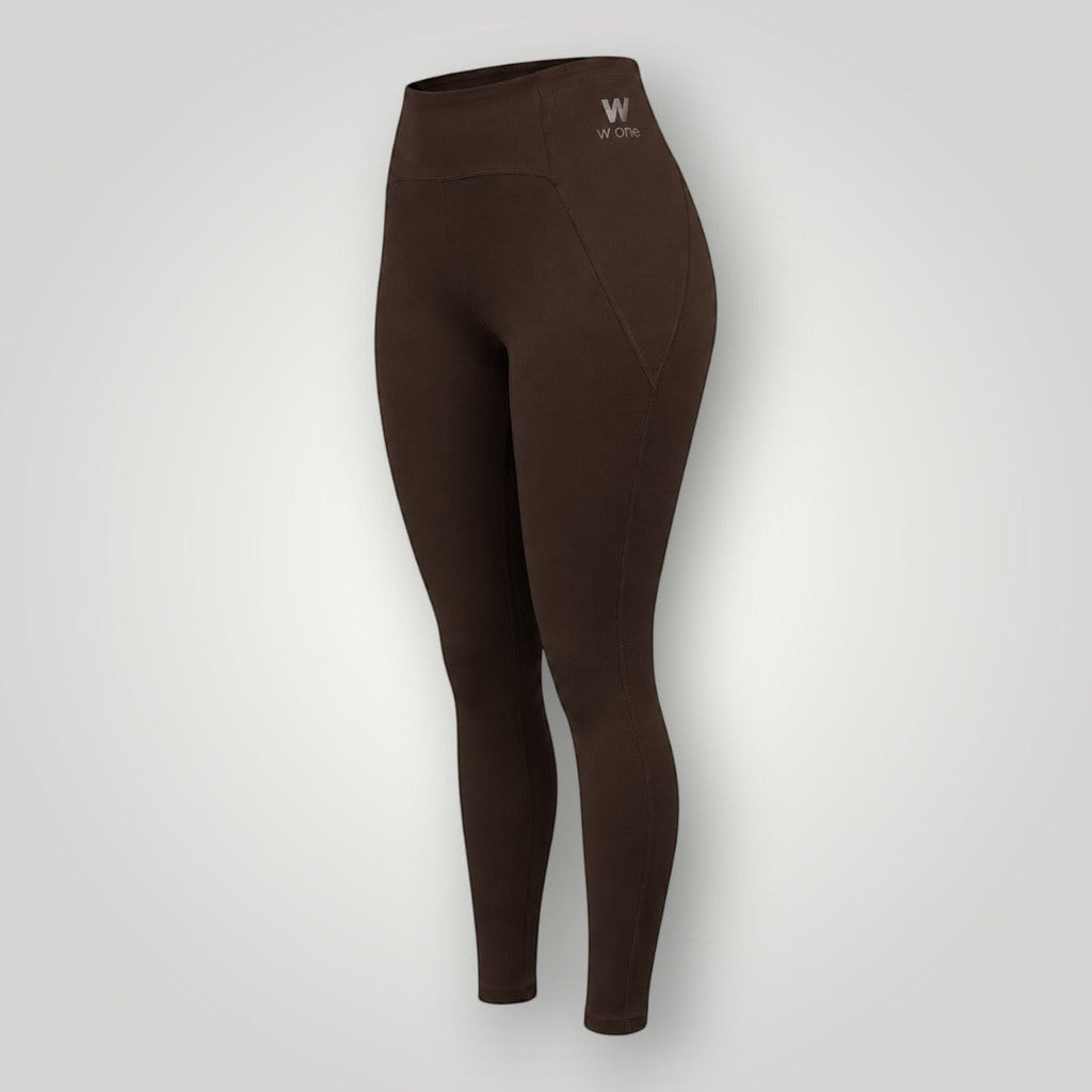 Legging W One Brand Store Performance coffee em poliamida com bolso em V e proteção UV, ideal para treinos.