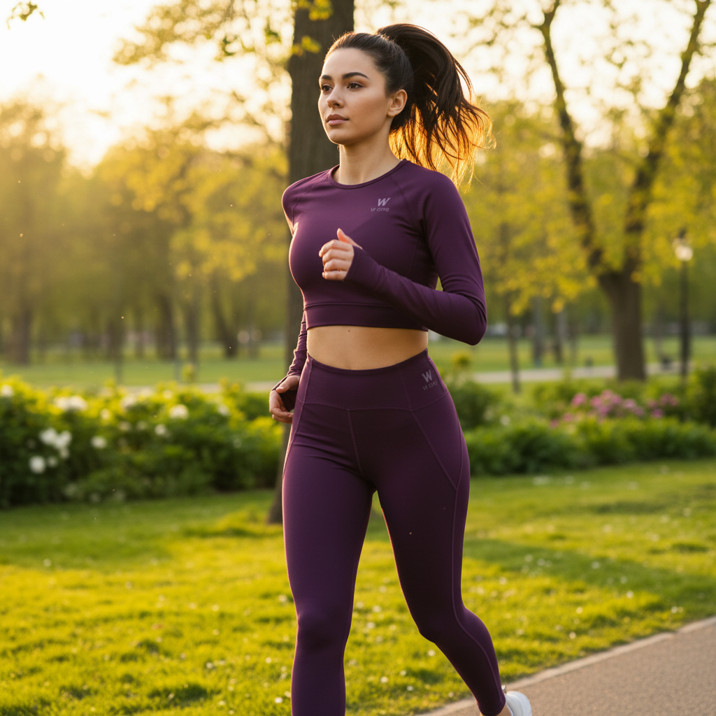 Mulher correndo em parque usando conjunto fitness W One Brand Store cor vinho com legging de compressão e bolso V